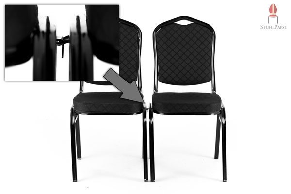 Schwarzer Bankettstuhl mit Reihenverbindern Modell Event stapelbarer Polsterstuhl Stoff schwarz inklusive Stuhlverbinder zur Verbindung von Stuhlreihen